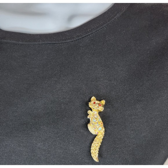 Vintage Rhinestone Cat Brooch Pin Gold Tone AB Rhines 2.25 in. - Picture 2 of 4